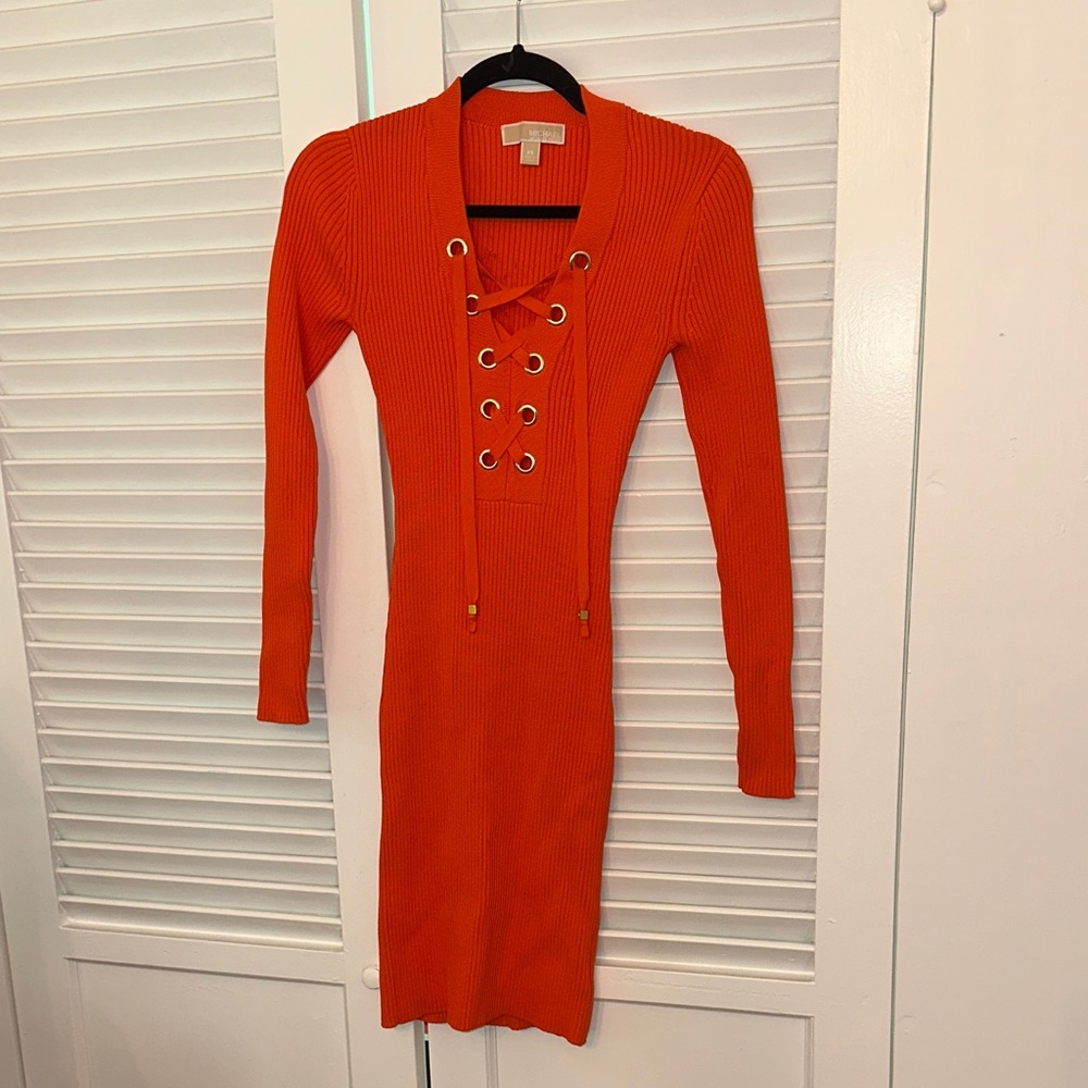 Michael Kors Orange Lace-Up Long Sleeve Dress